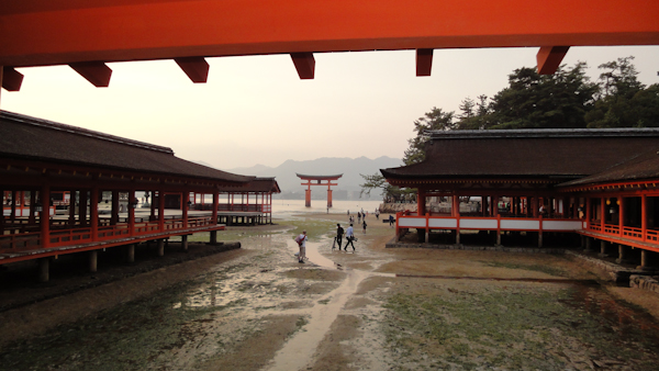 the torii gate in the far distance from within the shrine